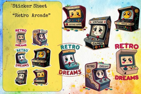 Retro Arcade Sticker Sheet – Kawaii Gaming PNG Set